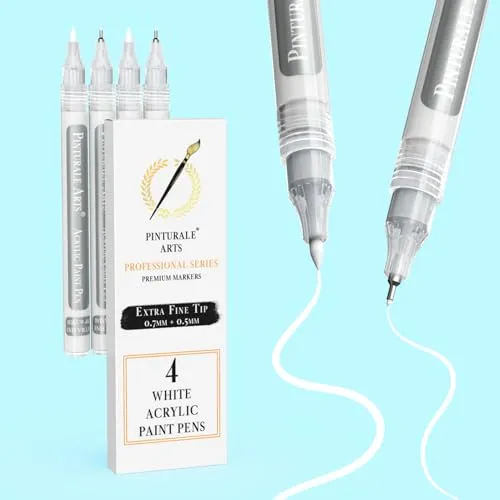 Pinturale Arts Acrylstifte Weiß | 4er Set Acrylstift Weiß Mit Unterschiedlichen Spitzen: Feine 0,7 mm und Extra Feine 0,5 mm | Weißer Marker Für Steine, Metall, Stoff, Keramik, Holz, Glas