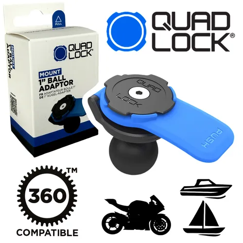 QUAD LOCK 1” Kugelkopf-Adapter für iPhone und Samsung Galaxy-Handys - Kfz-Handyladestationen, ideal für Motorradfahrer mit sicherem Halt durch zweistufige Verriegelung und einfache Handhabung für schnellen Zugriff auf Apps.