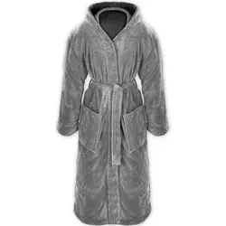 Gräfenstayn Unisex-Bademantel XL Grau - Bademantel aus warmem Flanell-Fleece, wadenlang mit Kapuze, Fronttaschen und Gürtel – ideal für gemütliche Abende zu Hause.