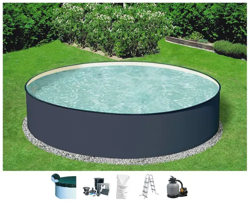 KONIFERA Rundpool Gomera 3 Set, 6-tlg - Rundes Stahlwandbecken mit moderner grauer Optik und sandfarbener Innenfolie. Inklusive Sandfilteranlage und Sicherheitsleiter für unbeschwertes Badevergnügen.