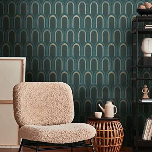 Art Deco Tapete Petrol Blau Gold Metallic - Architects Paper Arcade 391763 - Vliestapete im Retro-Design, ideal für Wohnzimmer und Schlafzimmer. Made in Germany, glänzend und hochwertig verarbeitet, mit RAL- und FSC-Zertifikat für nachhaltige Qualität.