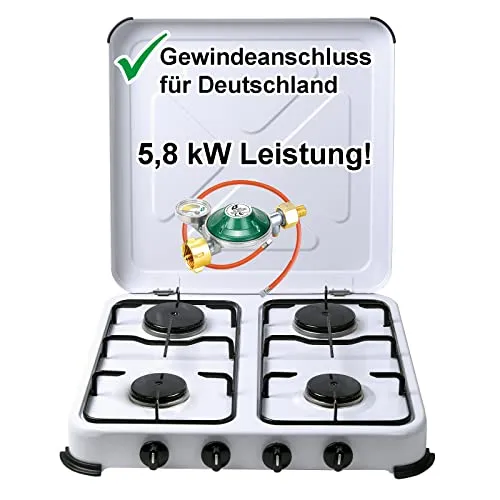 Bluecraft 4-flammiger Campingkocher mit 5,8 kW - Mobiler Gaskocher mit 4 Brennern für komfortables Kochen im Freien. Ideal für Camping und Freizeit, robust und stabil, inklusive Gasschlauch und Manometer für einfachen Anschluss.