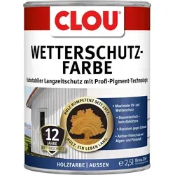 Clou Wetterschutzfarbe 2,5 Ltr. Silbergrau – Langlebiger Holzschutz für Außen - Die Clou Wetterschutzfarbe in silbergrau bietet bis zu 12 Jahre UV- und Wetterschutz. Sie ist schmutzresistent und ideal für Holzoberflächen im Außenbereich. Perfekt für Zäune, Fassaden und Carports!