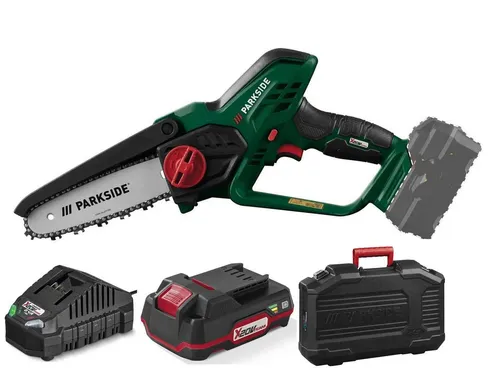 Parkside Akku-Kettensäge 20V - Leistungsstarker Akku-Gehölzschneider mit Akku und Ladegerät - Kettensägen, kabellose Freiheit und hohe Schnittleistung für Gartenarbeiten und Holzpflege.