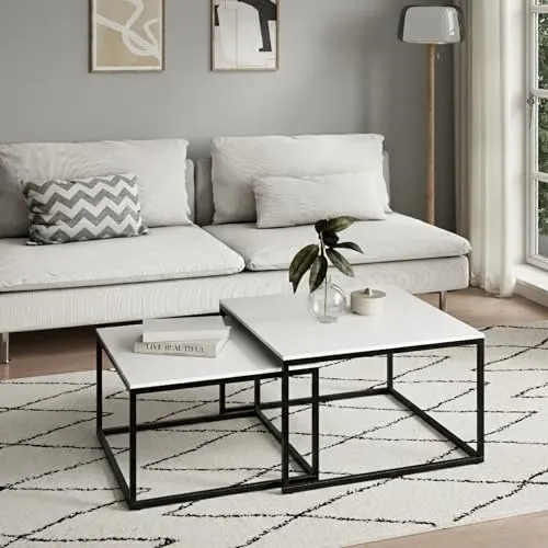 Moderne Couchtisch 2er Set quadratisch weiß aus Holz - Satztische fürs Wohnzimmer, kratzfeste Oberfläche und praktische Verschachtelung für stilvolle Einrichtung im Loft Design.