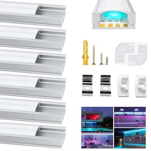 Chesbung LED Aluminium Profil 6x1m, U Form Kanal für LED Streifen/Strips/Band bis 12 mm inkl, Leiste Diffusor Profile mit Milchig Weißer Abdeckung, Endkappen, Montageclips und 90 Grad Eckverbindern