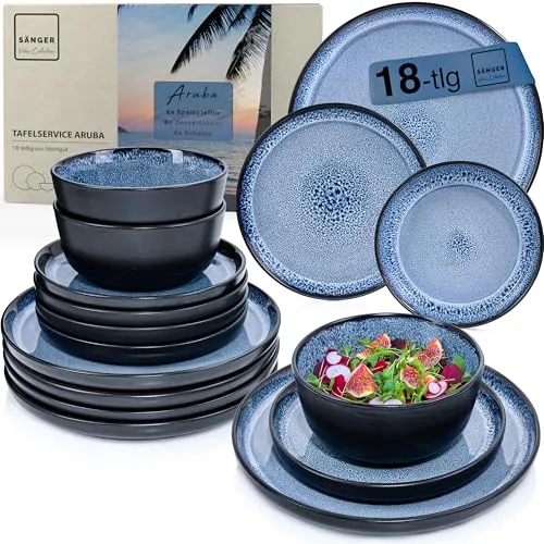 SÄNGER Tafelservice Aruba 18-tlg. Geschirrset für 6 Personen - Tafelservice, handgefertigtes Steingut mit kratzfester Oberfläche, erweiterbar für individuelle Gestaltung und ideales Alltagsgeschirr in stilvollem Blau mit schwarzem Rand.
