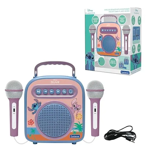 Lexibook Disney Stitch Drahtloser Lautsprecher mit 2 Mikrofonen - Genießen Sie Musik überall mit diesem tragbaren Lautsprecher. Die Bluetooth-Verbindung ermöglicht kabelloses Hören, während das farbenfrohe Design Kinder und Eltern begeistert. Inklusive 2 Mikrofonen für Karaoke-Spaß!