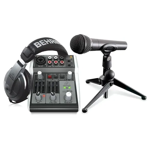 Behringer PODCASTUDIO 2 USB - Komplettes PODCASTUDIO-Bundle, ideal für professionelles Podcasting und Musikproduktion mit Mixer, Mikrofon und Kopfhörern
