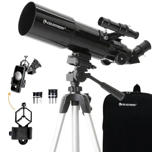 Celestron 22030 Travel Scope Portable Refractor Telescope with 80mm Lens, Fully-Coated Glass Optics, Bonus Astronomy Software Package and Digiscoping Smartphone Adapter
