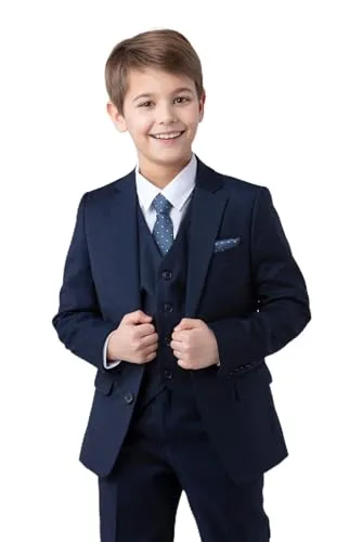 SANDER STELLAN Festlicher Jungen Anzug 6-teilig in Dunkelblau - Hochwertiger 6-teiliges Kinderanzug-Set in Dunkelblau, ideal für Kommunion, Einschulung oder Hochzeiten. Inklusive Sakko, Weste, Hemd, Hose, Krawatte und Einstecktuch.