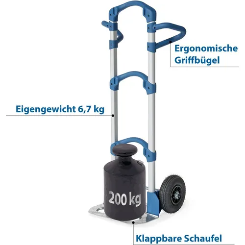Fetra Sackkarre Paketroller 1722, klappbar, Luftbereifung - Sackkarre mit klappbarem Design und 200 kg Tragkraft, ideal für den Transport schwerer Güter. Ergonomische Griffe und Luftbereifung sorgen für hohen Komfort.