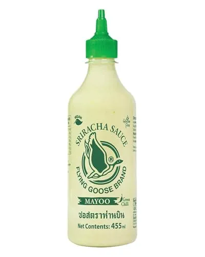 FLYING GOOSE Sriracha Mayoo Sauce, Green Chili, pikante Mayonnaise, leicht scharf, grüne Kappe, Würzsauce aus Thailand, vegan, glutenfrei, 1 x 455 ml