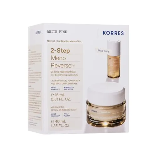 Korres White Pine 2-Step Meno Reverse Tagescreme 40ml - Damen Tagespflege für normale bis reife Mischhaut, dermatologisch getestet mit effektiven Inhaltsstoffen wie Weißkiefer und Seelilienextrakt für sichtbar reduzierte Falten und Altersflecken.