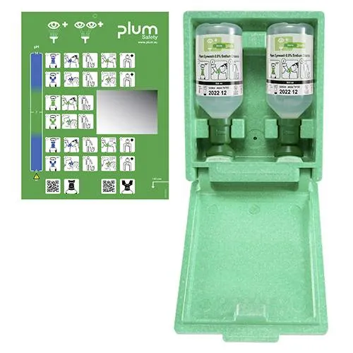 Plum Augenspülung sterile - Augenspülstation mit Wandbox - Augenspülstation mit 2 x 500 ml NaCl, ideal zum schnellen Ausspülen von Augenverletzungen. Ergonomische Augenschale und praktische Wandhalterung für schnellen Zugriff.