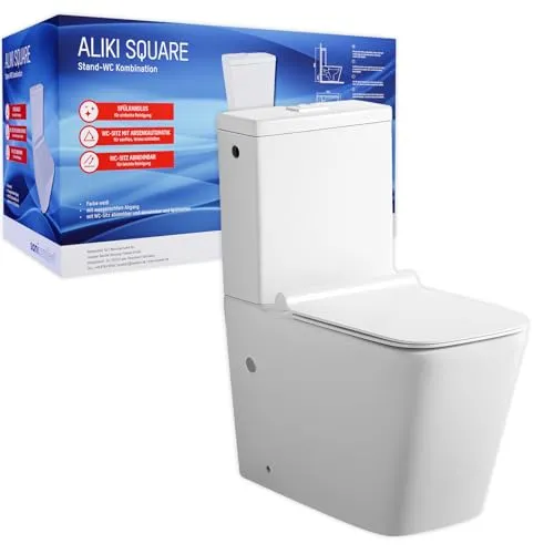 sanicomfort Stand-WC Kombination Aliki Square spülrandlos - Weiß - Sanitäranlagen & Zubehör mit spülrandloser Technik für einfache Reinigung und erhöhte Hygiene. Das Set enthält WC-Sitz mit Absenkautomatik und ist ideal für moderne Badezimmer.