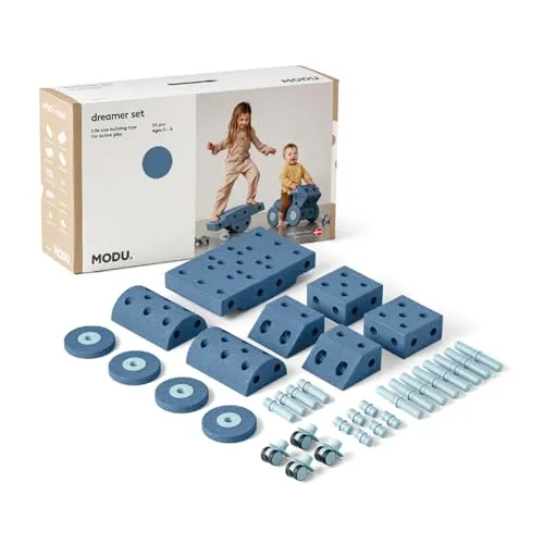 Modu. Modell 34 TLG. Baukasten Starter-Set Playsystem Dreamer - Bauspielzeugset für Kinder von 0-6 Jahren, fördert Kreativität und motorische Fähigkeiten mit 34 Teilen in Deep Blue/Sky Blue.