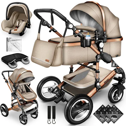KIDUKU Kombi-Kinderwagen ® 3 in 1 - Kombikinderwagen in Beige, vielseitig als Babywanne, Buggy und Babyschale nutzbar, mit UV 50+ Schutz und 360° drehbaren Reifen für maximalen Komfort.