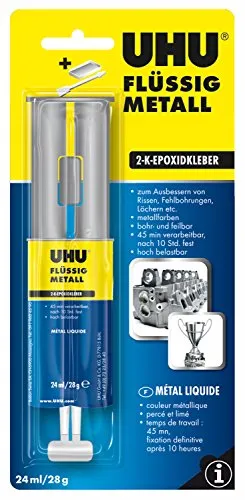 UHU Flüssigmetall Doppelkammerspritze - Zwei-Komponenten-Kleber, ideal zum Ausbessern von Rissen und Löchern, nach Aushärtung bohr- und feilbar sowie extrem temperaturbeständig von -40°C bis +120°C.