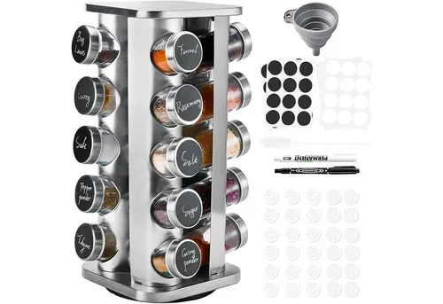 Quadrat Gewürzregal 20 Glas Edelstahl - 360° Drehbar - Praktisches 360° drehbares Gewürzregal aus Edelstahl für die perfekte Organisation Ihrer 20 Gewürzdosen. Platzsparend und stilvoll, bewahrt es das Aroma der Gewürze und sorgt für Ordnung in Ihrer Küche.