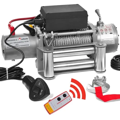 Rotfuchs Seilwinde 12V mit Funkfernbedienung - Seilwinde für schwere Lasten mit 5909 kg Zugkraft und 6 PS, ideal für Bergungen und Einsatz im Freien.