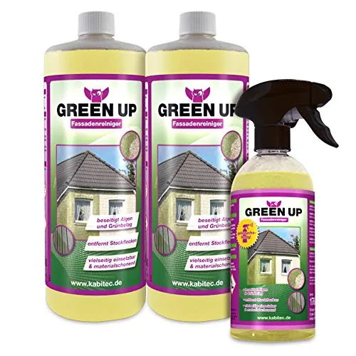 KABITEC GREEN UP Fassadenreiniger Set bestehend aus 2x 1000 ml GREEN UP + 1x 500 ml GREEN UP gebrauchsfertig KOSTENLOS │ Grünbelagentferner Algenentferner mit Langzeiteffekt Stockfleckenentferner