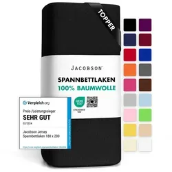 Jacobson Spannbettlaken TOPPER aus 100% Baumwolle, Jersey Bettlaken 160 g/m2, Spannbetttuch mit Gummizug, pflegeleicht & viele Farben schwarz 180 - 200 cm x 220 cm