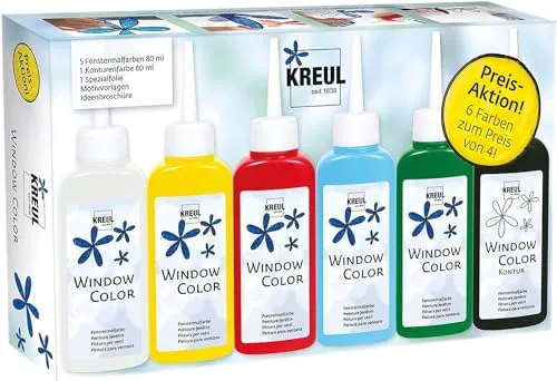 Window Color Glas Design Aktions-Set - Malfarben Set mit 5 Fenstermalfarben, 1 Konturenfarbe und Vorlagenbogen – perfekt für kreative Fenstergestaltung und Kinderprojekte.