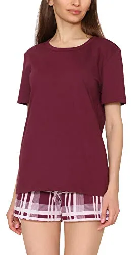 Merry Style Damen Schlafanzug Zweiteiler Pyjama Kurz aus Baumwolle Pyjama Set MS10-177 (Weinrot/Kariert, XXL)