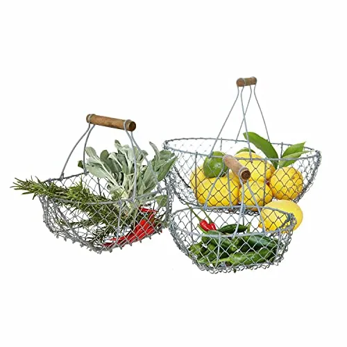Loberon Drahtkorb 3er Set Baker, DREI Größen, Aufbewahrung, Obstkorb, Gemüsekorb, Gartenhelfer, Gartenzubehör, Stahl, Mangoholz, grau/braun