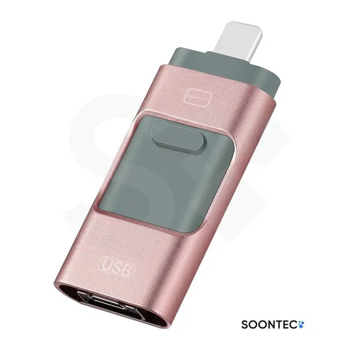 SOONTEC 128 GB 3.0 USB-Stick - 3 in 1 MICRO USB / USB / Lightning - USB-Stick für iPhone, Android & PC mit 128 GB Speicher, ideal für einfache Dateiübertragungen und Backup ohne WLAN. Hochwertiges Metallgehäuse in Rosé.