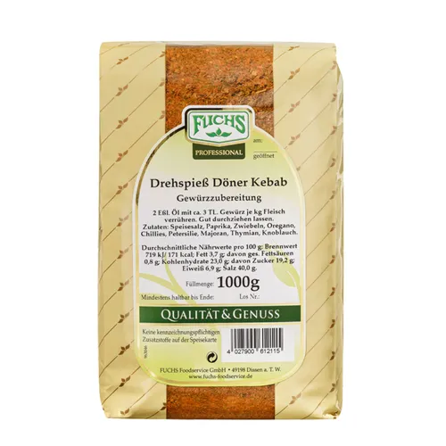 Fuchs Prof Drehspiess Döner Kebab Gewürzmischungen 1kg - Kräuter und Gewürzmischungen für authentischen Döner Kebab Geschmack, ideal für Gastronomie und Grillabende.
