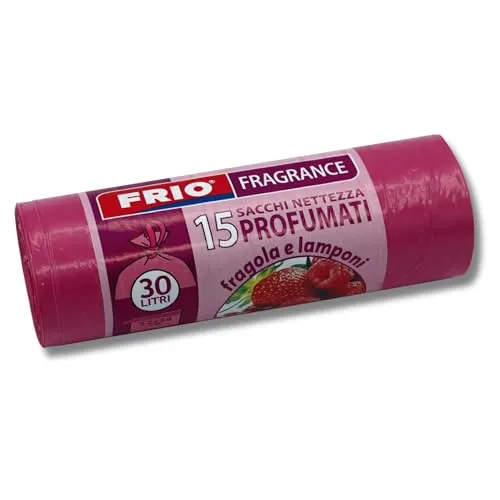 FRIO Müllbeutel 30L, Erdbeer & Himbeer Duft, Rot, 52 x 58 cm, 15 Stück – Parfümiert, Extra Stark, Reißfest, Mit Zugband, Premium Abfallsäcke
