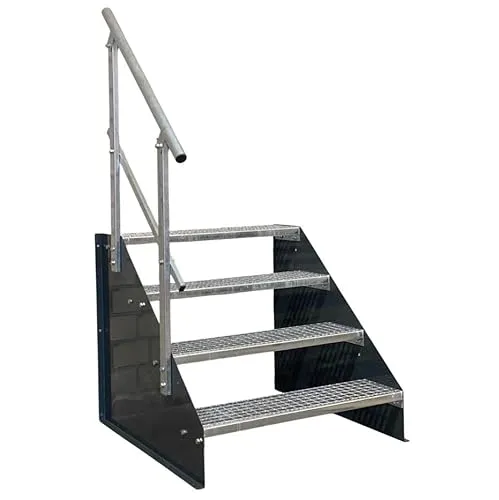 Stufen Standtreppe 4 Stufen, freistehend, schwarz - Trittstufen: Robuste Stahltreppe mit einseitigem Geländer, ideal für Sicherheit und Stabilität in Ihrem Zuhause.
