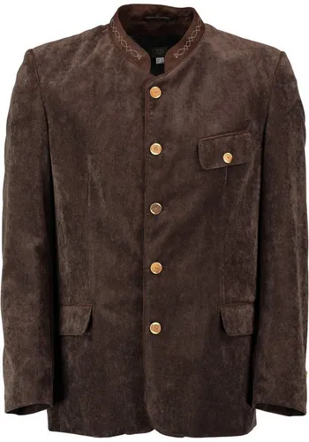 OS Trachten Herren Trachtensakko Janker mit Stehkragen Qveyar in Dunkelbraun, Größe 54 - Elegantes Trachtensakko mit Regular Fit und hochgeschlossenem Stehkragen. Ideal für festliche Anlässe, ausgestattet mit 3 Pattentaschen und stilvoller Stickerei.