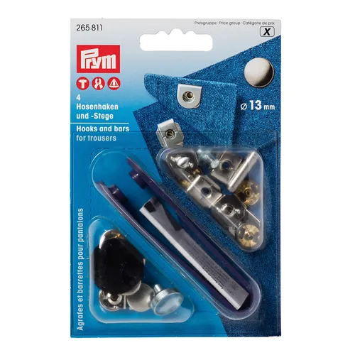 Prym 265811 Hosenhaken Set 13 mm – Nähfrei & Praktisch - Stanzen: Nähfreies Hosenhaken Set mit 4 Stück und Werkzeug, ideal für Hosen & Röcke – einfach mit VARIO-Zange oder Hammer einsetzbar.