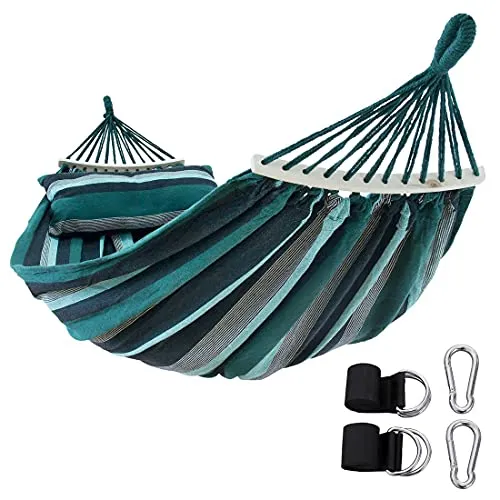 yourGEAR Bali Smaragd Hängematte mit Stangen 220x120cm - Genießen Sie entspannte Stunden in der großzügigen Baumwollhängematte mit TÜV-geprüfter Tragfähigkeit von 240 kg. Inkl. weichem Kopfkissen und robustem Befestigungsset für einfache Montage im Garten oder Outdoor.