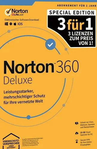 NORTON 360 DELUXE 3für1 - 3 Geräte, 1 Jahr Antivirus-Schutz - Security-Suiten mit umfassendem Schutz für bis zu 3 Geräte, ideal für Familien und kleine Unternehmen. Keine Abo-Falle, einfach herunterladen und sicher surfen.