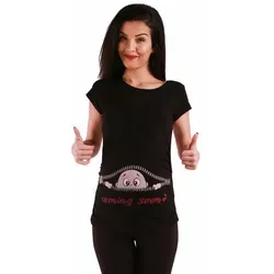 Coming Soon - Lustige witzige süße Umstandsmode mit Motiv Umstandsshirt für die Schwangerschaft T-Shirt Schwangerschaftsshirt, Kurzarm (Schwarz, Small)
