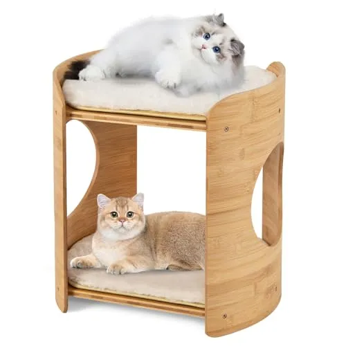 GOPLUS 2-stöckiger Katzenbett aus Bambus mit Kratzbaum - Stylisches Katzenmöbel im Landhausstil mit 2 komfortablen Betten und Zugangslöchern. Hergestellt aus robustem Bambus für eine sichere und langlebige Nutzung. Ideal für verspielte Kätzchen!