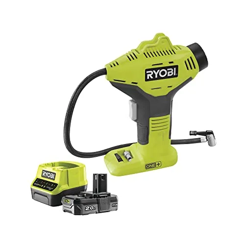 RYOBI 18V ONE+ Akku-Handkompressor R18PI-120GJ - Leistungsstarker Handkompressor mit 16 l/min Luftstrom und 10,34 bar Maximaldruck. Ideal für Reifen und mehr, inkl. 2Ah Akku und Schnellladegerät – mobil und effizient.
