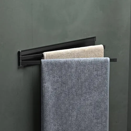 Mai & Mai Handtuchhalter ohne Bohren, 180° schwenkbar mit 3 Armen, Handtuchstange selbstklebend oder magnetisch, Badetuchhalter für Bad und Küche 24cm Matt Schwarz Folda-02