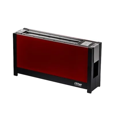 Ritter Volcano 5 Toaster - Eleganter Langschlitztoaster in Rot, für 2 Scheiben mit automatischer Röstgutzentrierung, Auftau- und Aufwärmfunktion sowie Krümelfach für einfache Reinigung.