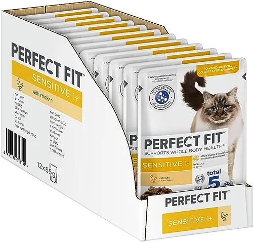 Perfect Fit Sensitive 1+ Katzennassfutter mit Huhn in Sauce, 12x85g – Für empfindliche Katzen - Premium Nassfutter für sensible Katzen ab 1 Jahr, ohne Weizen & Soja. Unterstützt die Verdauung mit hochwertigen Nährstoffen für ein aktives Leben.