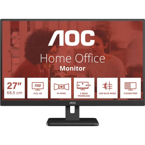 AOC 27E3UM 27" Full HD Monitor - 27" Monitor mit 1920 x 1080 Pixel Auflösung, ideal für Gaming und Multimedia mit schlankem Design und hervorragender Farbgenauigkeit.