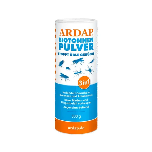ARDAP Biotonnenpulver 500g - Effektives Mülltonnen Pulver - Biotonnenpulver zur Unterstützung der Pflege Ihrer Biotonne: Reduziert Gerüche und beugt Ungezieferbefall vor. Biologisch abbaubar und geeignet für ca. 600l Bio Abfall, mit erfrischendem Citrus-Duft.