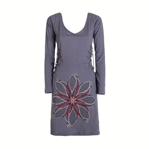 Vishes Damen Langarmshirt-Kleid mit seitlichen Schnüren in Grau I Größe L (40) I Handgefertigt aus 100% Baumwolle I Ideal für den Herbst I Nachhaltige Alternative Bekleidung