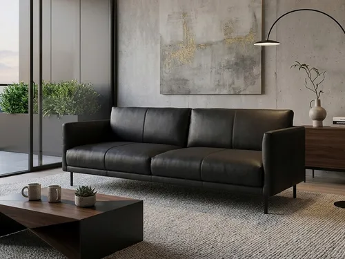 Sofa freistil 133 Rolf Benz - Elegantes schwarzes Leder - Modernes Sofa mit Wellenunterfederung und Kaltschaum-Polsterung, ideal für Wohnzimmer oder Arbeitszimmer. Die großzügigen Maße von 222 cm bieten hohen Sitzkomfort.
