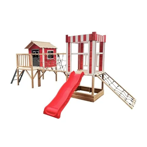 Spielpark Holz Kinderspielpark - Kletterpark aus Kiefernholz - Spieltürme aus massivem, unbehandeltem Kiefernholz, inklusive Spielhaus, Kletterwand und Sandkasten. Ideal für kreative Spielabenteuer im Garten!
