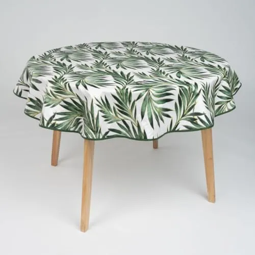 laro 140cm runde Wachstuch Tischdecke abwaschbar Wachstuchtischdecke mit Saum-Eingefasst-Paspelband, Muster:Blätter Grün Weiß, Größe: Rund 140cm
